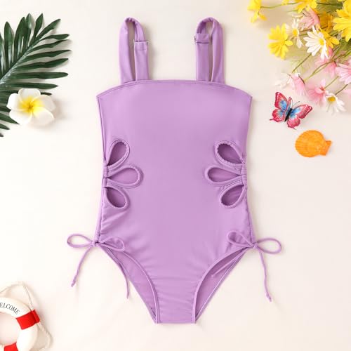 Image of Girls Swimsuit One Piece Bathing Suit Adjustable Straps Solid Color Cut Out Butterfly Girls' Swimwear for 7-14Y