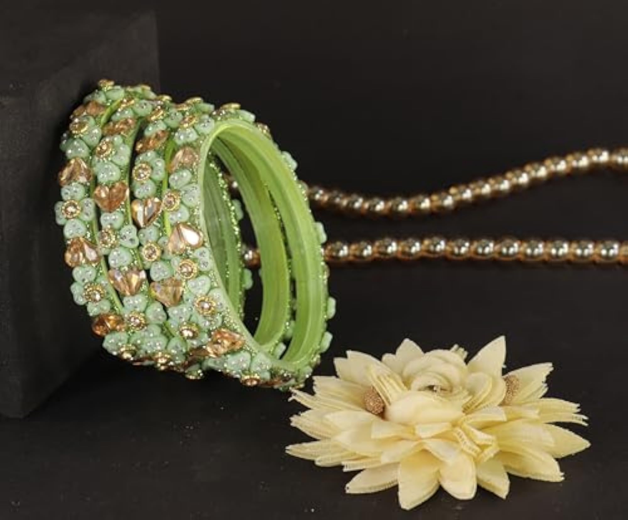 Stylish Glass Bangles Bracelet Set with Golden Zircon Diamonds
