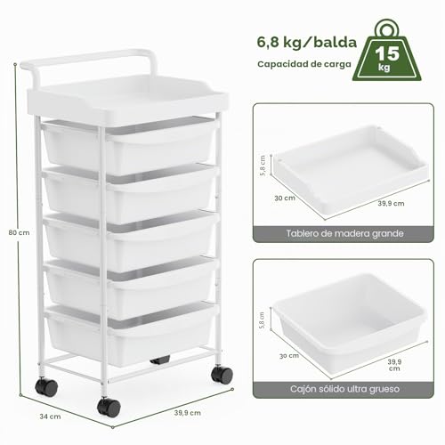 Miniatura 3 de Shrivee Carrito Auxiliar De 5 Cajones Con Ruedas Y Cajones Estetica Ahorro De Espacio Carro Organizador Para Cocina Baño Dormitorio Oficina Blanco