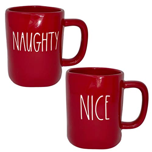 RAE DUNN RED NAUGHTY OR NICE MUG SET - Artisan Collection BY MAGENTA – 2 Pack – 1 Red Naughty Mug and 1 Red Nice Mug – Which one are you?