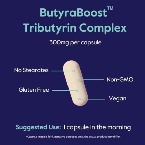 Image of ButyraBoost 300mg Tributyrin Complex (60 Vegetarian Capsules) - No Stearates - Vegan - Non GMO - Gluten Free - Butyrate Gut Health Supplement