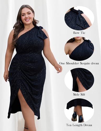 Women's Summer Plus Size Sequin Glitter Dress One Sparkly Shoulder Ruched Wrap Cocktail Party Black Slit Dress4