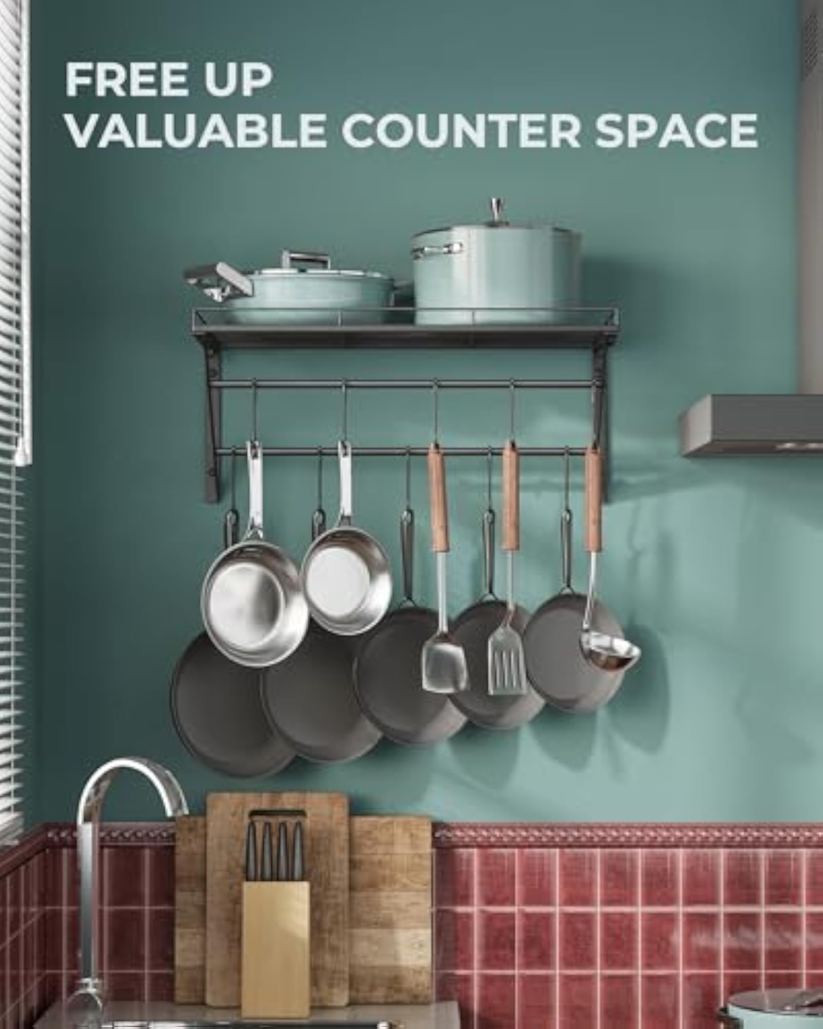 Wall Mounted Pot Rack Storage Shelf with 2 Tier Hanging Rails and 12 S Hooks