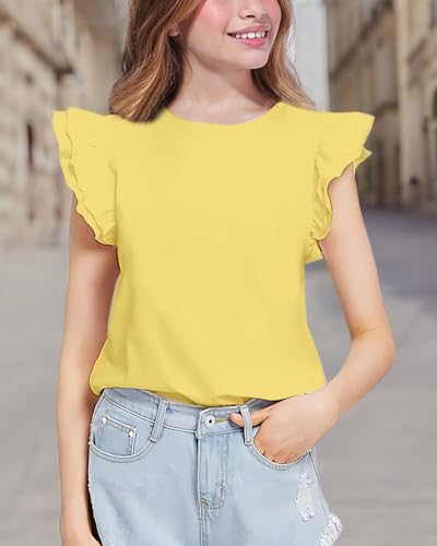 Image of Kilymosy Girls White Shirt Short Sleeve Summer Casual Flutter Tops Tee Blouse 5-14 Years