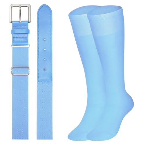 XZQTIVE Baseball Softball Socks and Baseball Softball Belt Combo Set Knee-High Soccer Socks for Kids Youth Adult Baby Blue