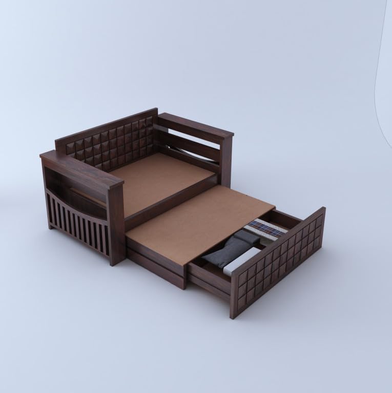 Image of Solid Sheesham Wood Sofa Cum Bed 2 Seater | Wooden Foldable Double Bed for Living Room with Storage | Bed Cum Sofa with Mattress for Home | Full Diamond Design (Walnut Finish)