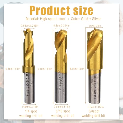 Gosknor 3stk Spot Weld Bohrer Set, Hochgeschwindigkeitsstahl Spot Weld Cutter Titanbeschichtete Spotweld Entferner Werkzeuge, Verfügbar in 6,5mm 8mm 10mm