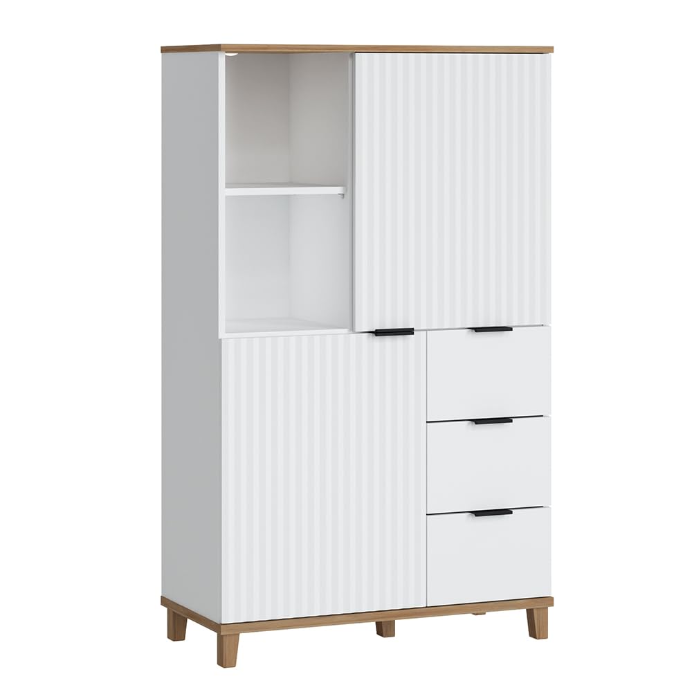 Lomadox Wohnzimmermöbel TV Wohnwand Anbauwand in weiß mit Eiche Nb., B/H/T: ca. 370/208,4/40 cm
