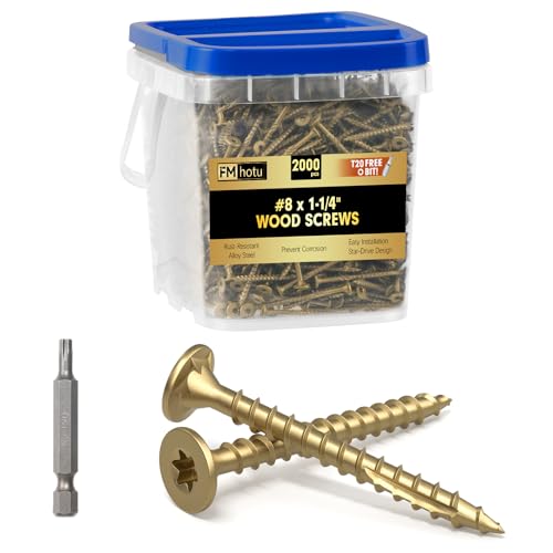 Image of #8 x 1-1 /4 inch Deck Screws, 2000Pcs Star Drive Wood Screws, Rust Resistant Timber Screws for Timber /Log /Landscaping Wood, T20 Star Bit Included, Gold