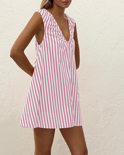 Image of OLAPTA Women Summer Sleeveless Babydoll Mini Tank Dresses Loose Fit Scoop Neck Ruched Short Dress with Pockets Party Clubwear