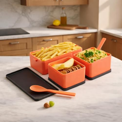 Image of 3 Compartment Lunch Box for Office Men and Lunch Box for Kids, Microwave Safe Lunch Boxes (Pack of 1, Orange&Grey, Plastic), 1400 Milliliter