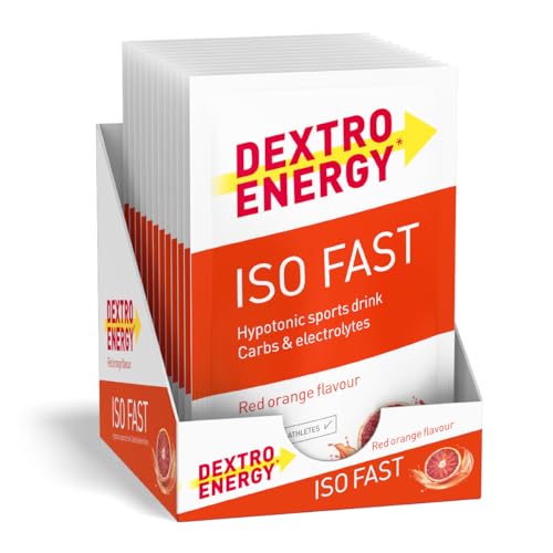 Dextro Energy Iso Fast Red Orange (12x56g Sachets) - Hypotones Elektrolyt Pulver mit Natrium, Magnesium, Kalium und Chlorid, schnelle Kohlenhydrat und Mineralstoff Versorgung, Glutenfrei, Laktosefrei