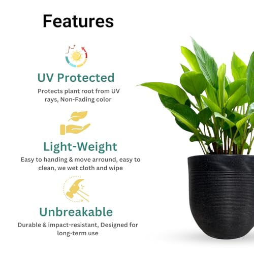Image of Amazon Brand - Umi 10 Inch Large Plastic Planter Pot for Indoor Outdoor Plants | Big Size Garden Gamla UV Resistant Polymer Flower Pot | Black Decorative Pot for Balcony, Garden, Terrace & Home Decor