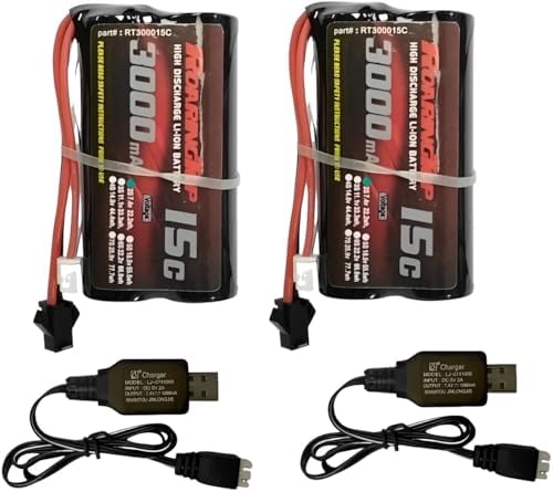 RoaringTop – Batterie Li-Ion 7,4V 3000mAh 15C Avec Prise SM-2P Et 2 Chargeurs USB Pour RC Voiture MN D90/91, Bateau, Camion !
