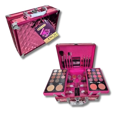 Maleta de Maquiagem Profissional, Rosa, com 4 Pincéis Variados, Espelho, 2 Lápis para Lábios, 2 Paletas de Sombras