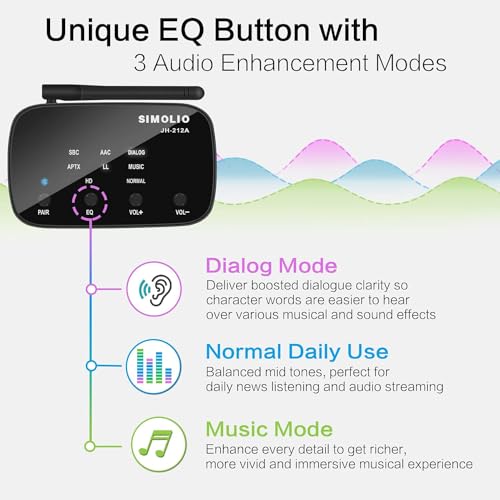 SIMOLIO Bluetooth Receiver with EQ & BT Codec Display, 197FT Wireless Audio Adapter with aptX LL & aptX HD for Home Stereo Speakers Music Streaming System, RCA Bluetooth Receiver w/Volume Control - Thumbnail 3