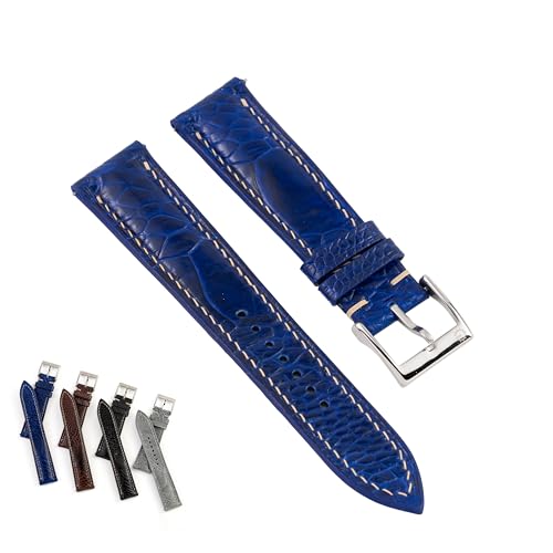 Handmade Ostrich Leg Skin Leather Watch Band Strap - Quick Release - Luxury Replacement Watchband for Men Women (Black, Navy, Brown, Grey) - Sizes 18mm, 19mm, 20mm, 21mm, 22mm (16mm, 18mm Taper) | CHIIIVN (Blue, 19-16 (mm))