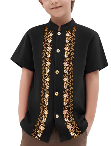 IDOPIP Mexican Guayabera Shirts for Boys Traditional Embroidered Mexico Shirts Kids Short Sleeve Button Down T-Shirts Tops