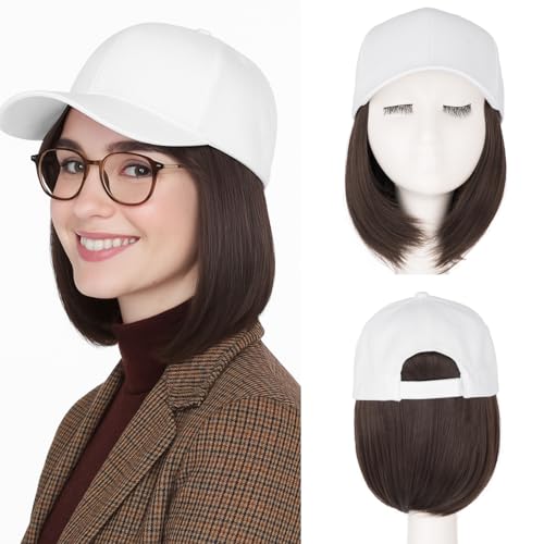 SEGO Hat Wig, Hat with Hair Attached for Women White Baseball Cap with Hair Extensions, Short Bob Baseball Cap Wig Adjustable Hats for Daily Party 6 Inch #06A Dark Brown
