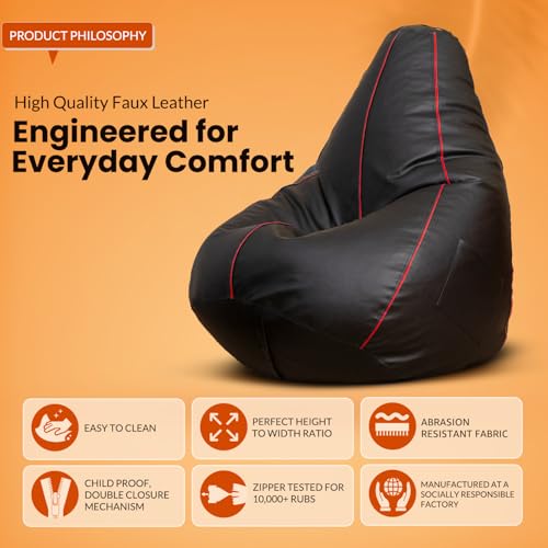 Image of Sattva Classic Piping XXXL Bean Bag with Pocket Filled with Beans | Faux Leather Teardrop Bean Bag for Adults & Teens | Pre-Filled Comfortable Seating for Home, Living Room - Black with Red Piping