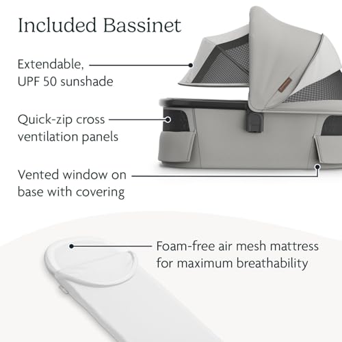 Image of UPPAbaby Vista V3 Stroller + Bassinet V3 - Convertible Single-to-Double Stroller System- Bassinet, Toddler Seat, Bug Shield, Rain Shield Included - Savannah (Pearl Gray /Carbon Frame /Chestnut Leather)