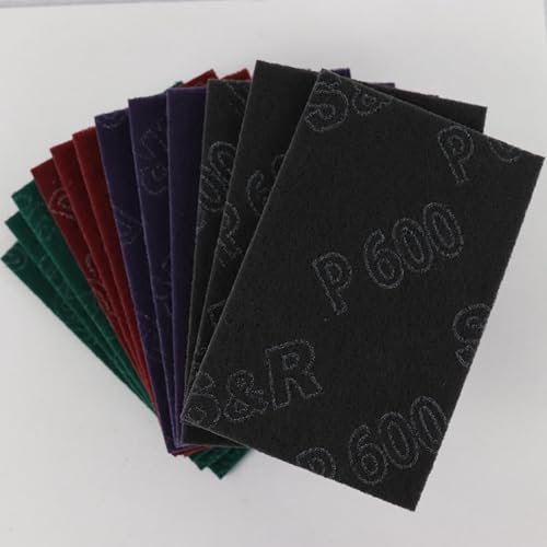 S&R Schleifvlies-Pads – 12er Set Schleifvliesmatten, Schleiffleece für Metall, Holz, Stahl & Edelstahl, Schleif-Fleece zum Schleifen & Polieren, Körnung P180-P320-P600-P800