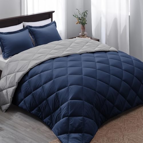 Basic Beyond Queen Comforter Set – Navy Blue Comforter Set Queen Size, Reversible Bed Comforter Queen Set for All Seasons, Navy/Grey, 1 Comforter (88″x92″) and 2 Pillow Shams (20″x26″+2″)