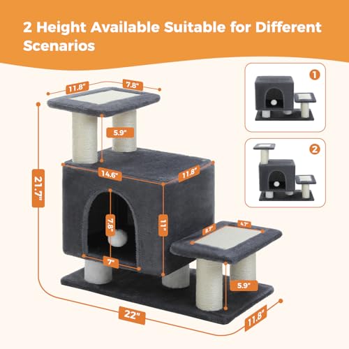 Image of 3-in-1 Dog Stairs & Cat Scratching Post with Condo, Pet Steps for High Bed, Sofa, Couch, Tall Cat Tower, High-Strength Board for Indoor Small Cats Kittens Dogs Climbing Playing, 3 Steps-Dark Grey