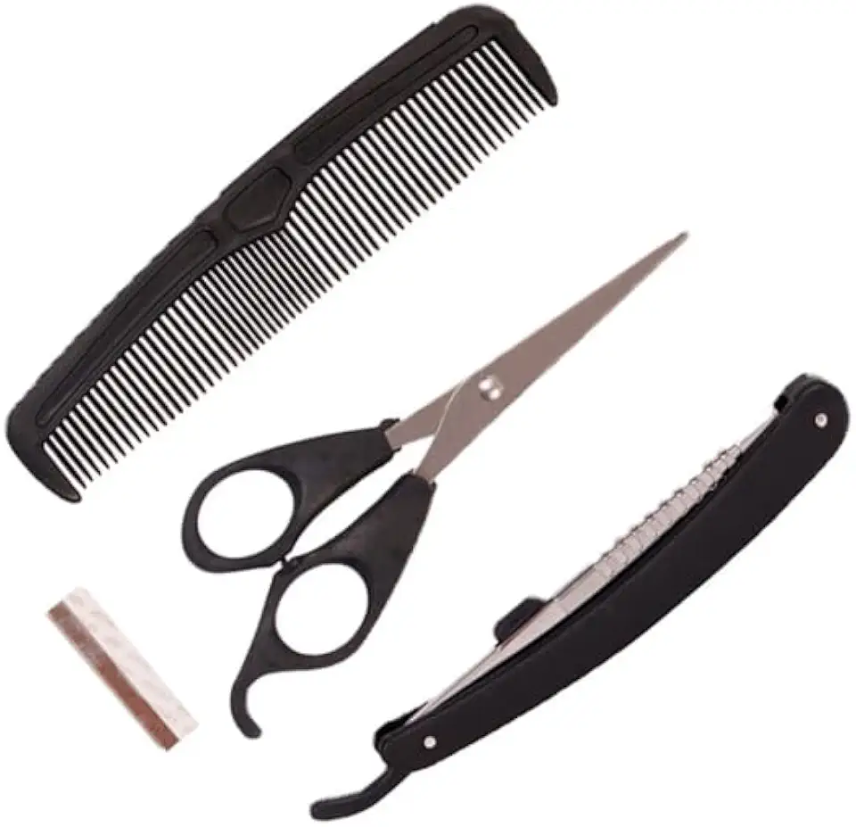Kit de Barbear 4 Peças Navalha Tesoura Pente Lâmina