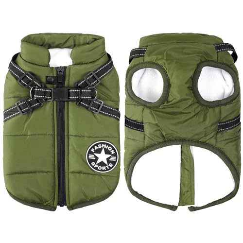 Aiboria Hundejacken für den Winter Winddicht Wasserdicht 2 in 1 Outfit Kaltwettermantel Hundewestengeschirr Welpen Winter Warme Jacke Kleines Grün S