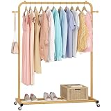 Sywhitta Clothes Rack on wheels, Clothing Rack with Bottom Mesh Storage Shelf,Sturdy Metal Frame,Rolling Garment Rack for Hanging Clothes,Coats,Skirts,39.76' L x 16' W x 64.56' H,Golden