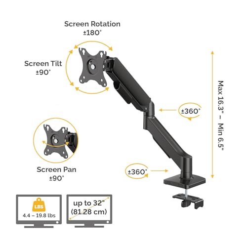 Image of Fellowes Everyday Plus Single Gas Spring Monitor Arm Supports up to 32 inch Screens Weighing 4.4-19.84 lbs, Height Adjusting, Tilt, Swivel, Rotate, VESA 75 /100, Clamp or Grommet Mount, Cable Management