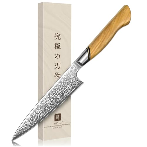 TIVOLI Damascus Kitchen Utility Knife - 5 Inch Ultra Sharp Petty Knife - VG10 Chef Knives with Olive Wood Handle - Gift for Men and Women