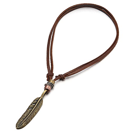Coolsteelandbeyond Retro Style Bronze Color Feather Pendant Necklace For Mens Womens With Adjustable Brown Leather Cord #TOP2