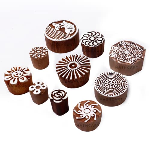 Image of Set of 10 | Round Shape Multi Design Blocks for Scrapbooking | Wooden Handmade Stamps for Project Designing | Fabric Textile | Clay | Pottery Craft