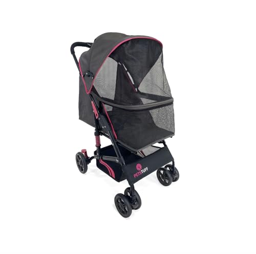 PETS TUFF 27.2” Buddy Buggies Foldable Pet Stroller - Shock Absorbing Frame with Storage - Machine Washable Fabric - Durable Mesh & UV Protected Retractable Canopy - Cat & Dog Stroller Up to 60lb