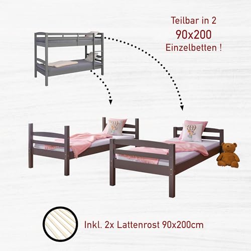Inter Link – Etagenbett – Hochbett – Jugendbett - Rausfallschutz – Stockbett – Kinderbett – Mit 2 Lattenroste – Kiefer massivholz – Lavus - Grau lackiert – 90x200 cm