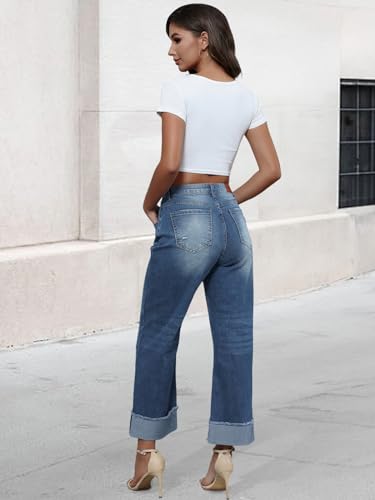 Genleck Wide Leg Cropped Jeans for Women Trendy High Waisted Crossover Boyfriend Jeans Mom Baggy Stretchy Denim4