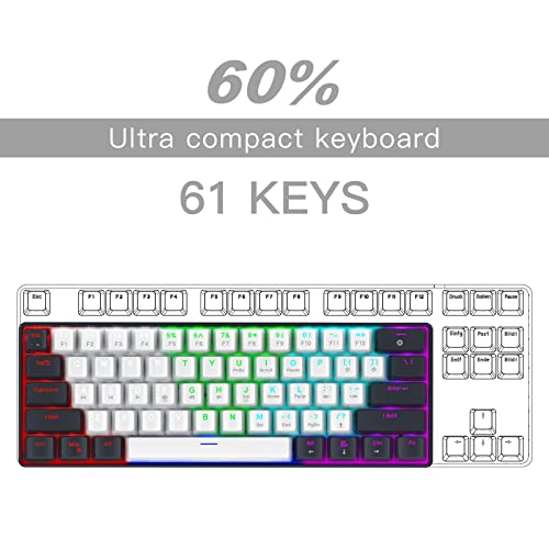 Image of Portable 60 Percent Keyboard, Compact 61 Keys Mini Mechanical Keyboard for PC /Mac Gamer Switchable Colorful Backlit - Red Switch - Black+White