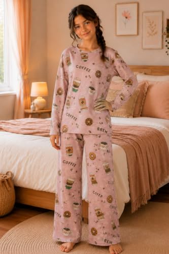 Image of TotzTouch Girls Printed Pyjama Set | Full Sleeve Top with Wide Leg Pyjama Pants | Stylish Cotton Co-Ord Nightwear Set for Kids