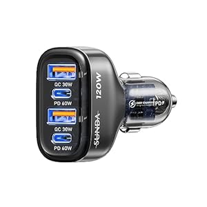 SUNDA 120W USB C Fast Car Charger, 4-Ports Car Charger Adapter, Dual Type C PD60W/PPS60W Compatible with iPhone15/14 Pro/Max/iPhone13/Galaxy/SamsungS23, Dual USB-A 18W QC3.0 for Android(Gray)