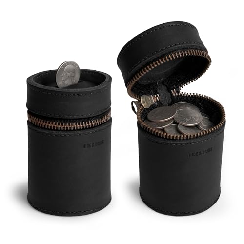 Hide & Drink, Thick Leather Piggy Bank Bucket, Fits in Car Cup Holders, Coin Case, Coin Organizer, Zippered Pouch, Full Grain Leather, Handmade (Charcoal Black)
