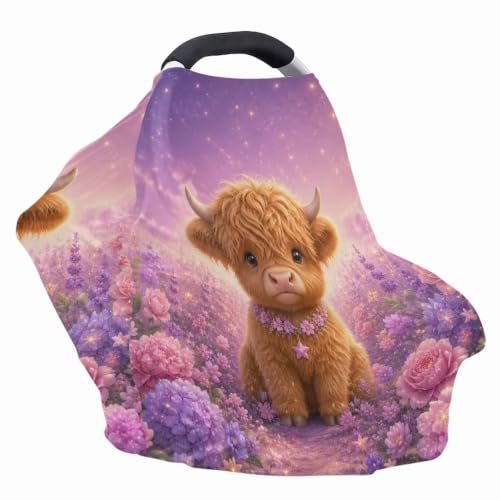 Image of Wanyint Infant Car Seat Cover Stretchy Nursing Scarf Car Seat Canopy Shopping Cart High Chair Cover Protect Babies Breastfeeding Mothers, Highland Cow Floral Purple