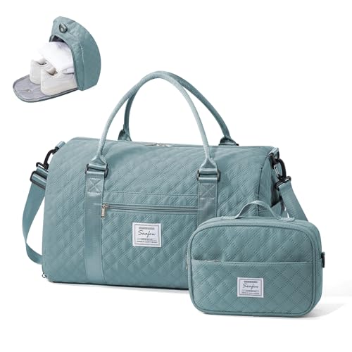 Image of Gym Duffle Bag for Women with Shoe Compartment Waterproof Travel Tote Bags Personal Item Carry On Weekender Overnight Bags with Toiletry Bag Swimming Yoga Bags Hospital Holdalls Light Blue