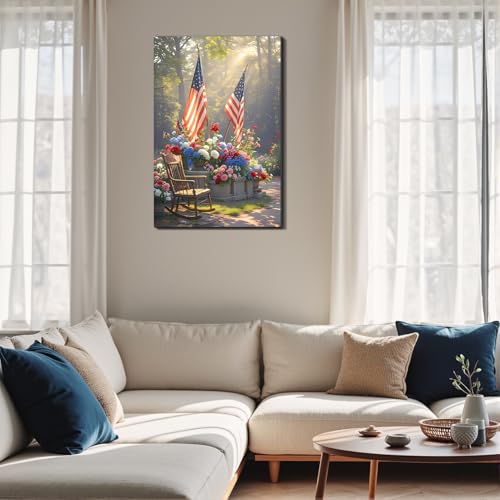 Image of Framed American Flag Floral Garden Wall Art, Patriotic 4th of July Canvas Art Pictures, USA Flag Flower Wall Decor, Made in USA Ready to Hang for Living Room Porch