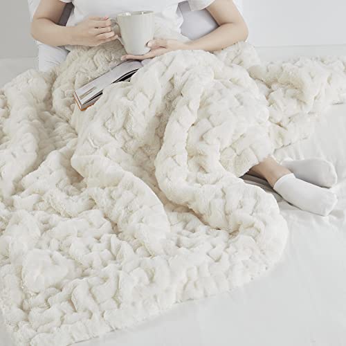 Madison Park Ruched Fur Luxury Throw Premium Soft Cozy Brushed Long Faux Fur For Bed, Couch Or Sofa , 50X60" , Ivory #TOP3