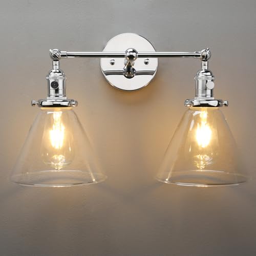 Image of PERMO Double Sconce Chrome Industrial 2-Lights Wall Sconces with Funnel Flared Glass Clear Glass Shade Vanity Light for Bedroom (Chrome)
