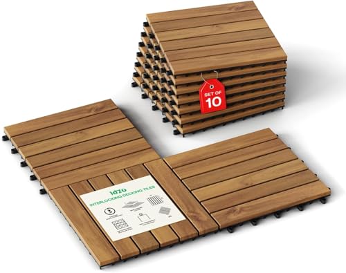 Idzo Interlocking Deck Tiles 9.6 SQFT - 10PCS Waterproof Acacia Wood Tiles, Flooring Tiles for Indoor and Outdoor - Decking Stripe Pattern, 11.81 x 11.81 x 0.91 Inches, Golden