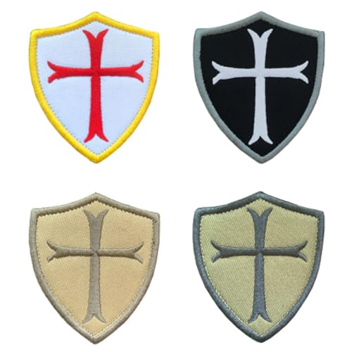 4 Stück Ritter Templer Kreuz Schild Flagge Patch Aufnäher Abnehmbare mit Stickereiverschluss Applikation Taktisch Militär Patch für Jacke Weste Kleidung Rucksäcke Baseballkappe Taschen