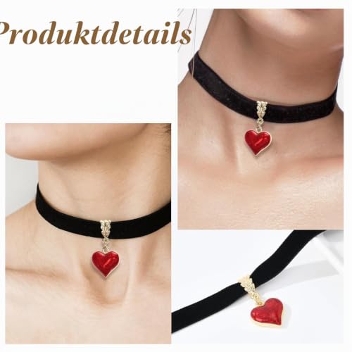 Moguri® Schwarze Halskette im Vintage-Stil für Damen, Samt-Tropfenöl, rotes Herz, schwarzes Halsband, Valentinstag Weihnachten Cosplay Party Schmuck, verstellbare Länge
